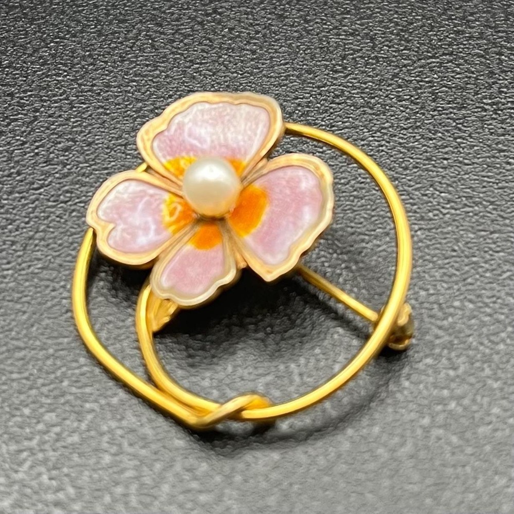 Creed 12K Gold Filled & Sterling Enamel Flower Brooch Mid Century Pearl Pin - Picture 2 of 11